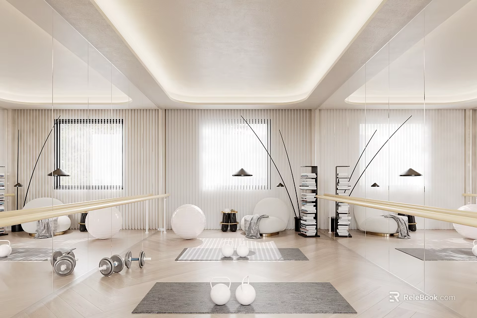 Bright Modern Fitness Studio With Equipment And Mirrors 3d model 