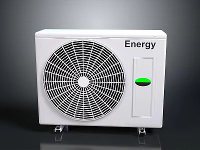 White Energy Efficient Air Conditioner Outdoor Unit With Fan Grille And Green Indicator Light 3d model