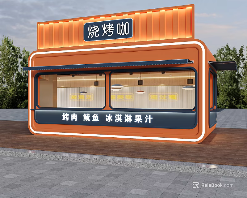Orange Container Building Food Kiosk With Barbecue Squid Ice Cream And Fruit Juice 3d model 