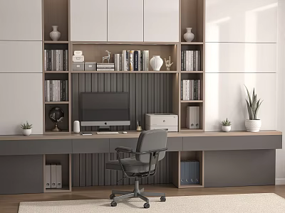 Modern Study Room Interior With White Gray Bookshelves Computer Monitor Office Chair Decorative Vases And Green Plants 3d model