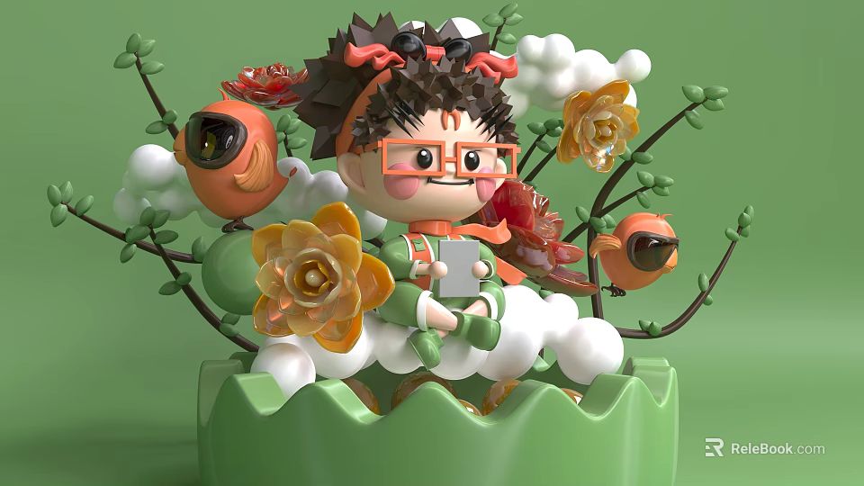3D Cartoon Character With Glasses Black Hair Red Decor Green Branches White Clouds Orange Flowers 3d model 