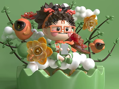 3D Cartoon Character With Glasses Black Hair Red Decor Green Branches White Clouds Orange Flowers 3d model