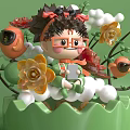 3D Cartoon Character With Glasses Black Hair Red Decor Green Branches White Clouds Orange Flowers