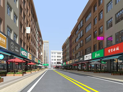 Vibrant Commercial Street With Buildings Store Signs Red Sunshades And Greenery 3d model