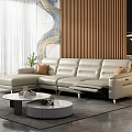 Modern Beige L Shaped Leather Sofa With Round Coffee Tables In Stylish Living Room