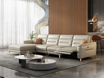 Modern Beige L Shaped Leather Sofa With Round Coffee Tables In Stylish Living Room 3d model