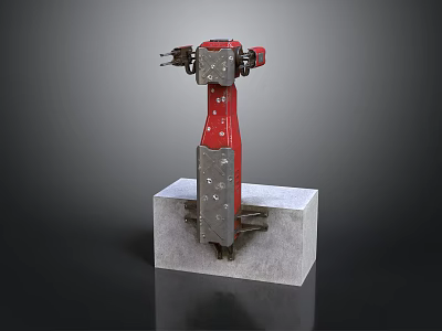 Red Industrial Mechanical Device Mounted On Concrete Base With Metal Parts 3d model