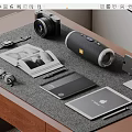 Modern Desk Setup With Camera Smartwatch Tablet Speaker Photos Notebook And Eyeglasses
