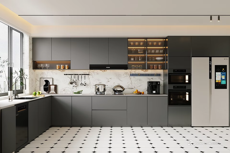 Modern Kitchen Interior With Gray Cabinets Marble Countertop Black Appliances White Refrigerator And Checkered Tiles 3d model 