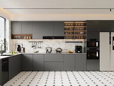Modern Kitchen Interior With Gray Cabinets Marble Countertop Black Appliances White Refrigerator And Checkered Tiles 3d model