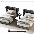 Single Bed with Leather Headboard Gray Beige Bedding Pillows and Nightstand on Light Wooden Floor
