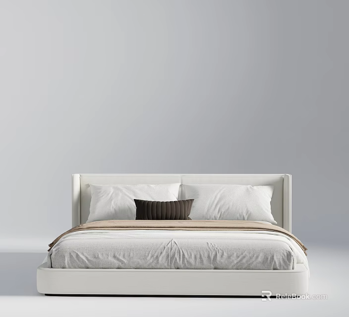 Double Bed with White Headboard Light Sheets and Dark Throw Pillow in Modern Design 3d model 