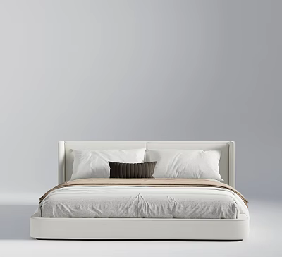 Double Bed with White Headboard Light Sheets and Dark Throw Pillow in Modern Design 3d model