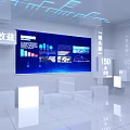 Digital Exhibition Hall Interior With Blue LED Screens Wireframe Structures And Display Podium 3d model