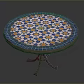 Round Dining Table With Blue Yellow White Mosaic Pattern And Metal Legs 3d model