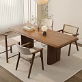 Modern Wooden Dining Table Set with Upholstered Chairs and Decorative Vase Lamp on Area Rug