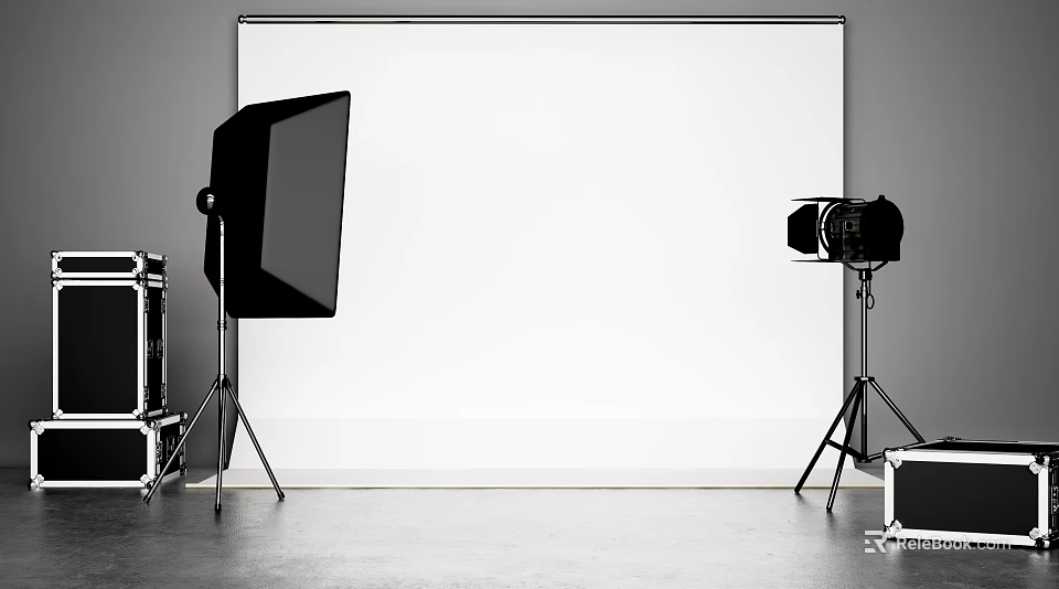 Professional Commercial Photography Equipment With Studio Lights Tripod And White Backdrop 3d model 