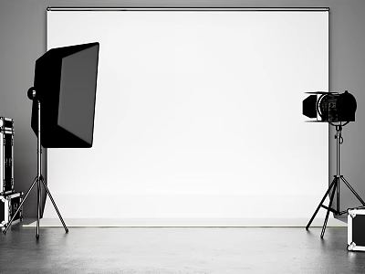 Professional Commercial Photography Equipment With Studio Lights Tripod And White Backdrop 3d model