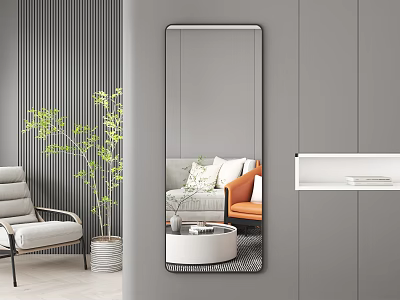 Full Length Mirror Reflecting Modern Living Room With Sofa And Armchair 3d model