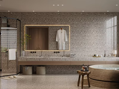 Modern Bathroom Interior With Large Mirror Bathrobe Double Vanity Freestanding Bathtub And Stone Wall 3d model