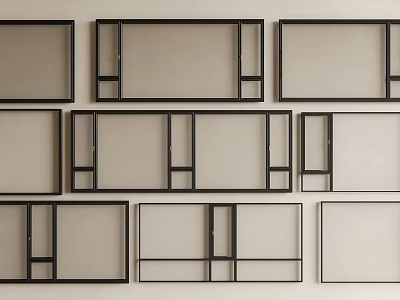 Display Of Black Framed Floor To Ceiling Windows With Various Designs 3d model