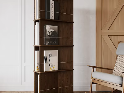Modern Walnut Bookcase With Open Shelves Decorative Books Near Accent Chair Against Wooden Wall 3d model
