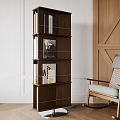 Modern Walnut Bookcase With Open Shelves Decorative Books Near Accent Chair Against Wooden Wall