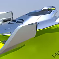 Futuristic Aerodynamic Silver Vehicle Model Display With Yellow Accents And Green Base