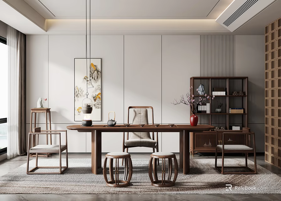 Traditional Tea Room Interior With Wooden Tea Table Chairs Display Shelf And Wall Art 3d model 