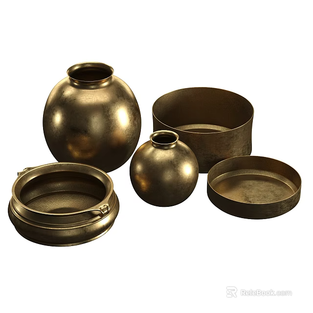 Decorative Ceramic Vessels With Various Round Cylindrical Shapes Handles And Bronze Metallic Finish 3d model 