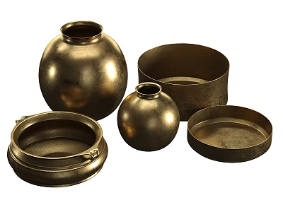 Decorative Ceramic Vessels With Various Round Cylindrical Shapes Handles And Bronze Metallic Finish 3d model
