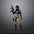 Female Combat Character In Bikini Blue Headscarf Holding Rifle With Black Boots And Armor
