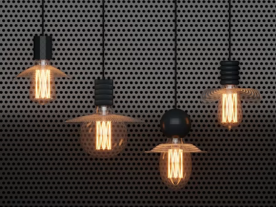 Vintage Style Pendant Lights With Various Designs Black Bases And Filament Bulbs 3d model