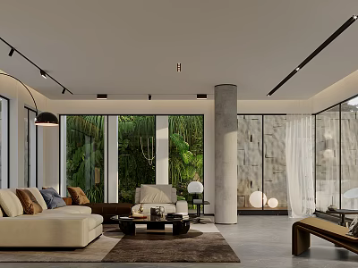 Modern Living Room Interior With Large Windows Green Plants Beige Sofa And Coffee Table 3d model