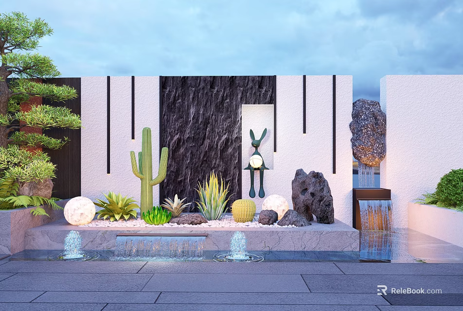 Garden Feature Wall With Cactus Rabbit Sculpture Stones And Fountain Plants 3d model 