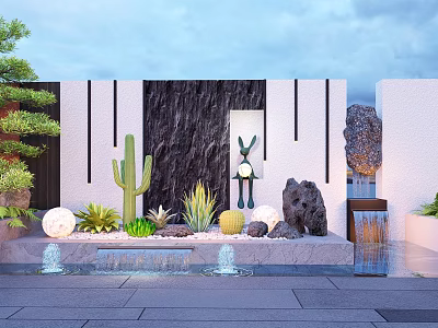 Garden Feature Wall With Cactus Rabbit Sculpture Stones And Fountain Plants 3d model