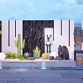 Garden Feature Wall With Cactus Rabbit Sculpture Stones And Fountain Plants