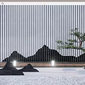 Karesansui Garden with Vertical Gray Wall Black Mountain Shapes Wooden Platform White Pebbles Pine Tree