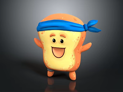 Cute Cartoon Bread Character With Blue Headband Smiling Face And Waving Arms 3d model