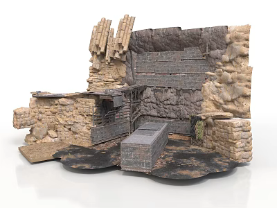 Ancient Stone Scene Component With Ruined Walls And Broken Stone Blocks 3d model