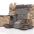 Ancient Stone Scene Component With Ruined Walls And Broken Stone Blocks