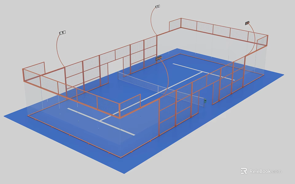 Outdoor Sports Court With Blue Surface Orange Fencing White Lines And Lighting 3d model 