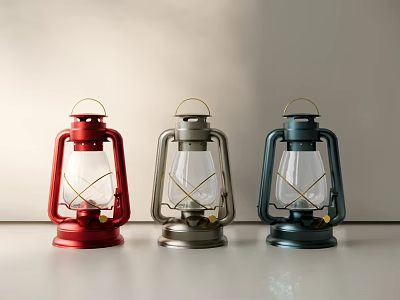 Vintage Three Colored Candle Lanterns with Metal Frame Glass Shade for Home Decor 3d model