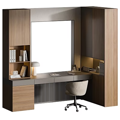Modern Wooden Bookcase Interior With Desk Table Lamp Books And Chair 3d model