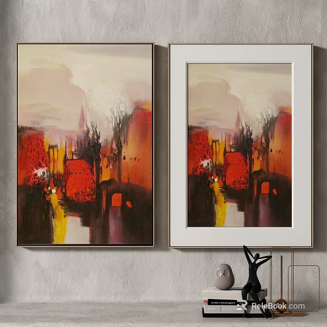 Two Modern Abstract Paintings With Red Orange Tones On Gray Wall 3d model
