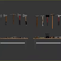Workshop Equipment Display With Various Axes Hammers On Wooden Workbenches