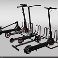 Modern Electric Scooters Placed on Organized Metal Parking Racks with Secure Storage Stand