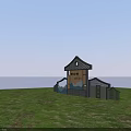 Garden Ornament with Mini House Structure and HELLO Sign on Green Grassland Under Blue Sky