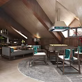 Traditional Chinese Interior With Wooden Ceiling Landscape Painting Tea Table And Flower Vases