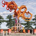 Vibrant Dragon Garden Ornament Sculpture With Red Pillars And Green Trees